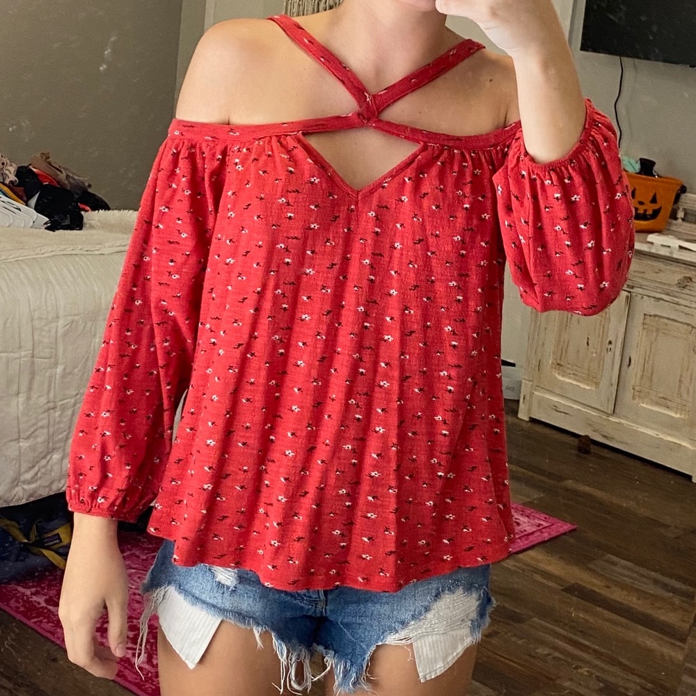 Red Floral Lucky Brand Cross Front Top